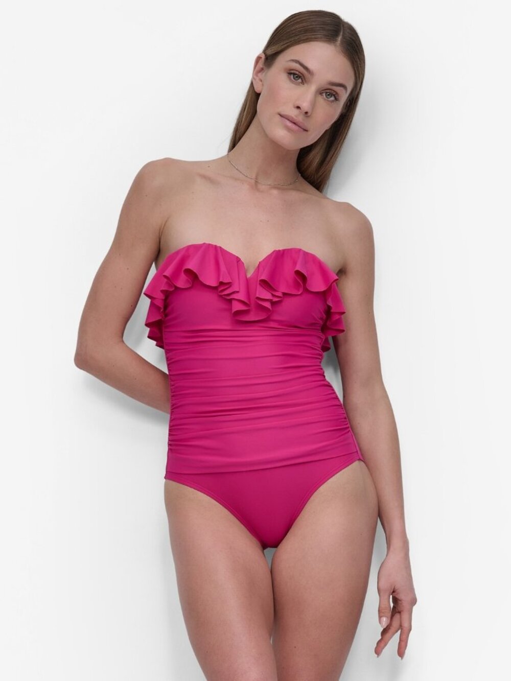 DKNY Ruffle-Bandeau-Neck Tummy Control 1 Piece Swimsuit, Wildberry Size L, NWT